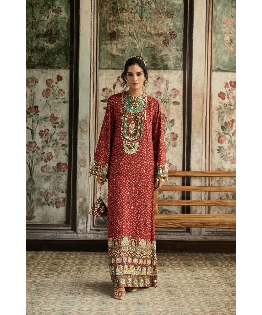 DIYARAJVVIR - Sage-Maroon Print and Highlighted Kaftan